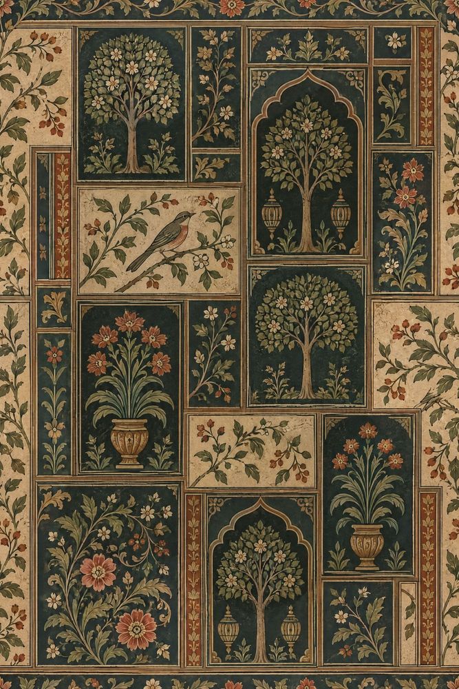 Chinoiserie Garden Panels Wallpaper Teal Green Cream Paper Texture pattern artwork