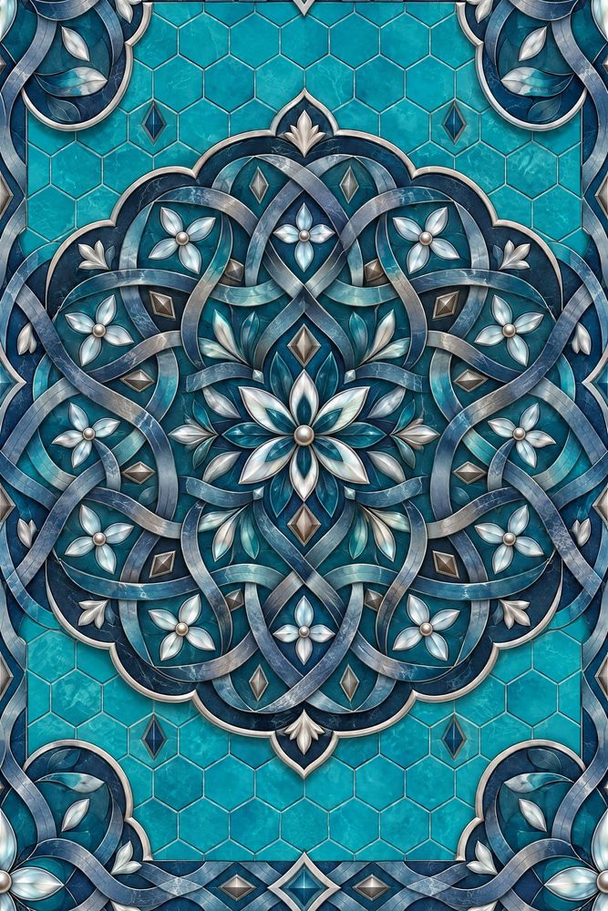 Moroccan Medallion Wallpaper Teal Geometric Tile With Silver Floral Details pattern artwork