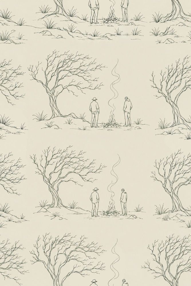 Campfire Landscape Wallpaper Toile Line Drawing Ivory Background pattern artwork
