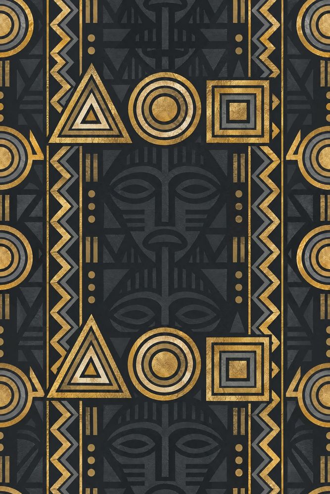 Tribal Mask Wallpaper Black Gold Geometric Stripes pattern artwork