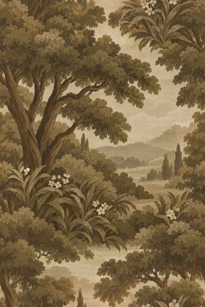 Woodland Trees Wallpaper Sepia Vintage Landscape pattern artwork