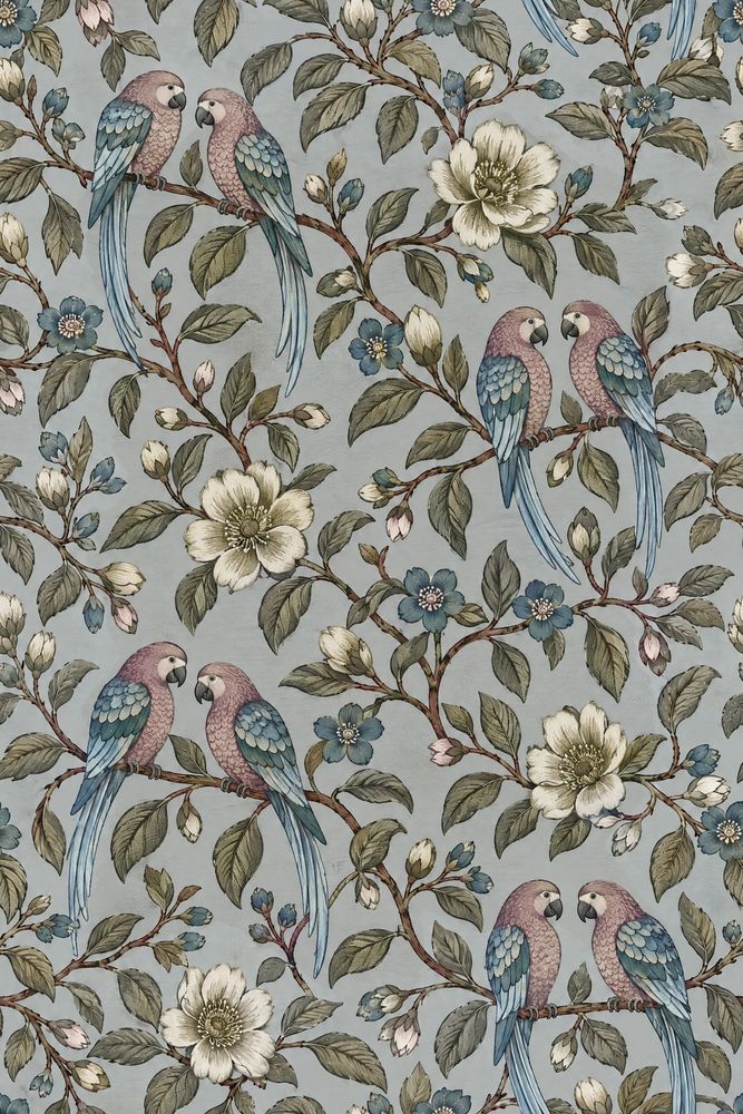 Parrot Pairs Wallpaper Chinoiserie Floral Branch Pattern pattern artwork