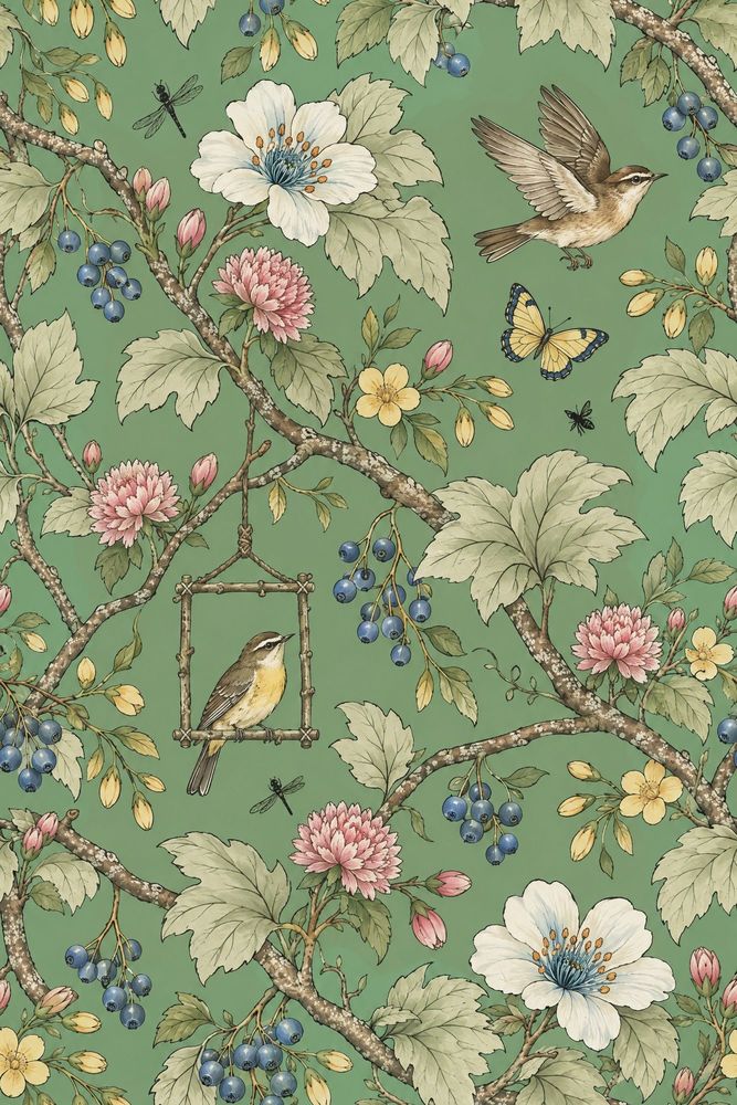 Birds And Branches Wallpaper Sage Green Vintage Garden pattern artwork