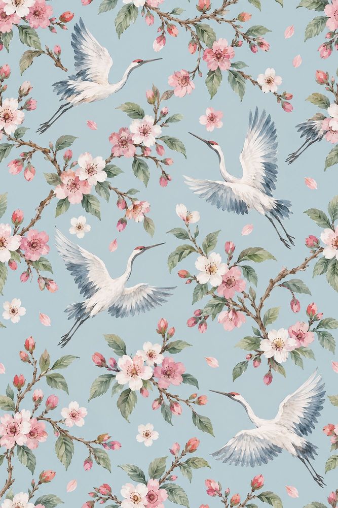 Cranes Wallpaper Cherry Blossom Watercolor Blue Background pattern artwork