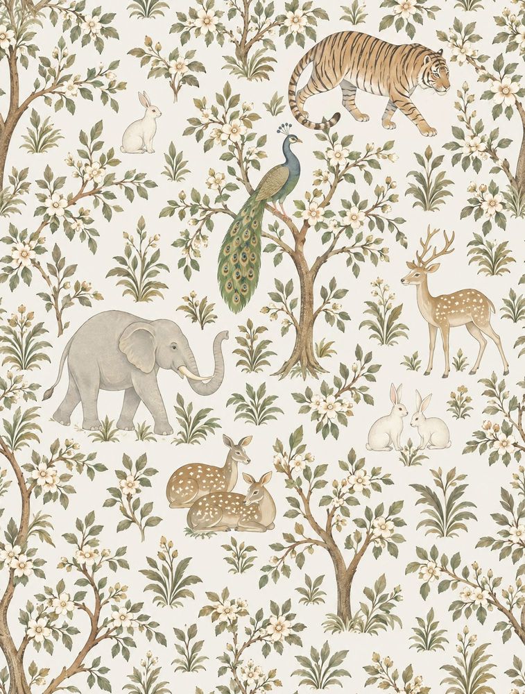 Safari Animals Wallpaper Chinoiserie Floral Branches Ivory Background pattern artwork