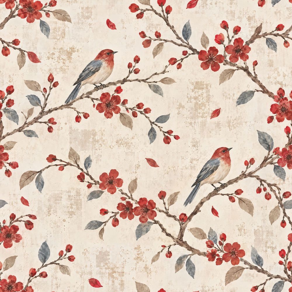 Birds And Red Blossoms Wallpaper Vintage Watercolor Cream Background pattern artwork