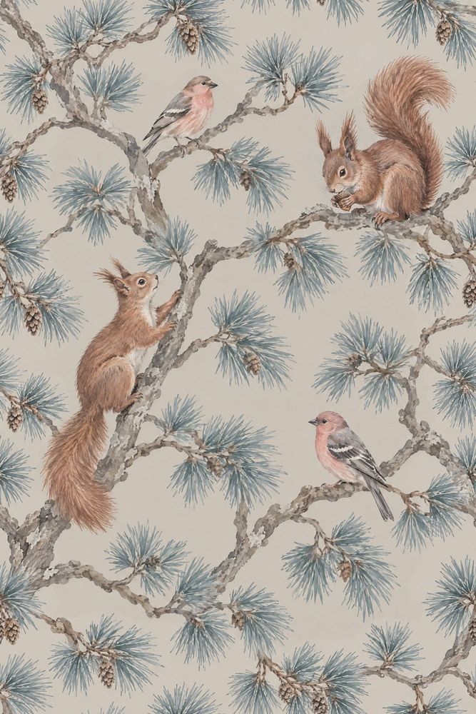 Woodland Wallpaper Pine Branches Squirrels And Birds Pattern pattern artwork