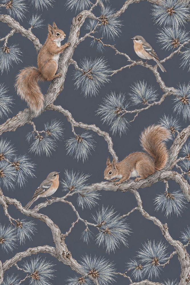 Squirrels And Birds Wallpaper Charcoal Gray Woodland Pattern pattern artwork