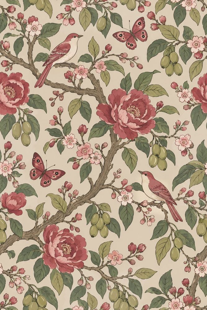 Pink Cherry Blossom Birds Wallpaper Chinoiserie Floral Pattern pattern artwork