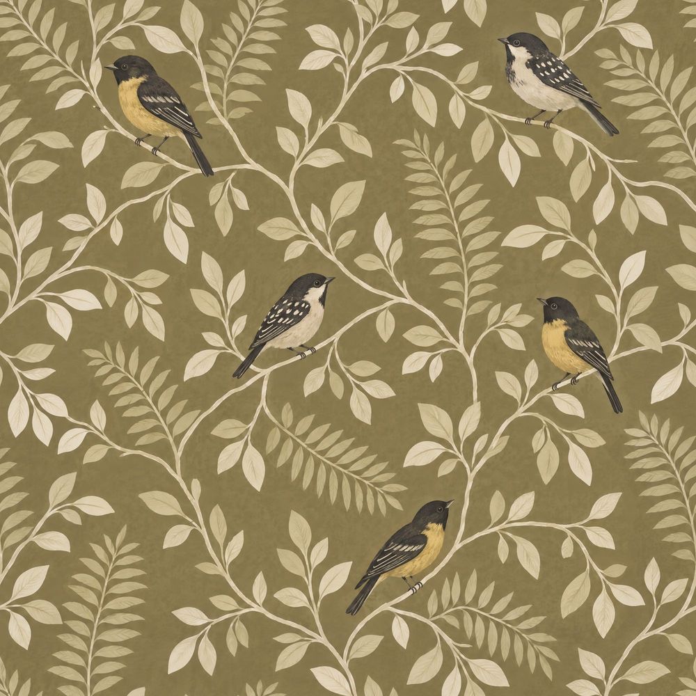 Birds Wallpaper Olive Green Leafy Vines pattern artwork