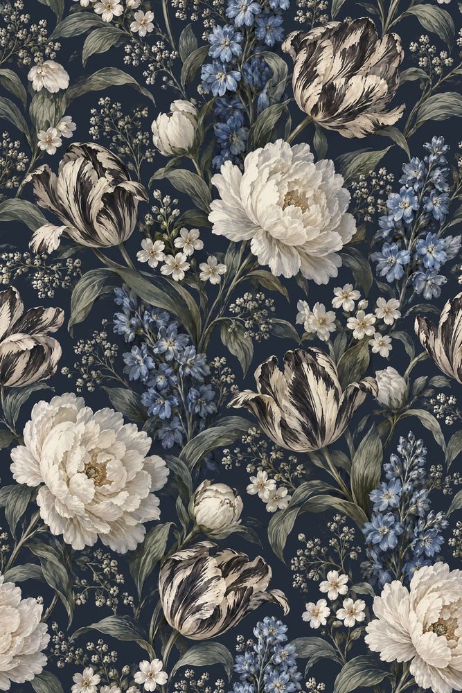 Peony And Tulip Wallpaper Dark Floral Navy Background pattern artwork
