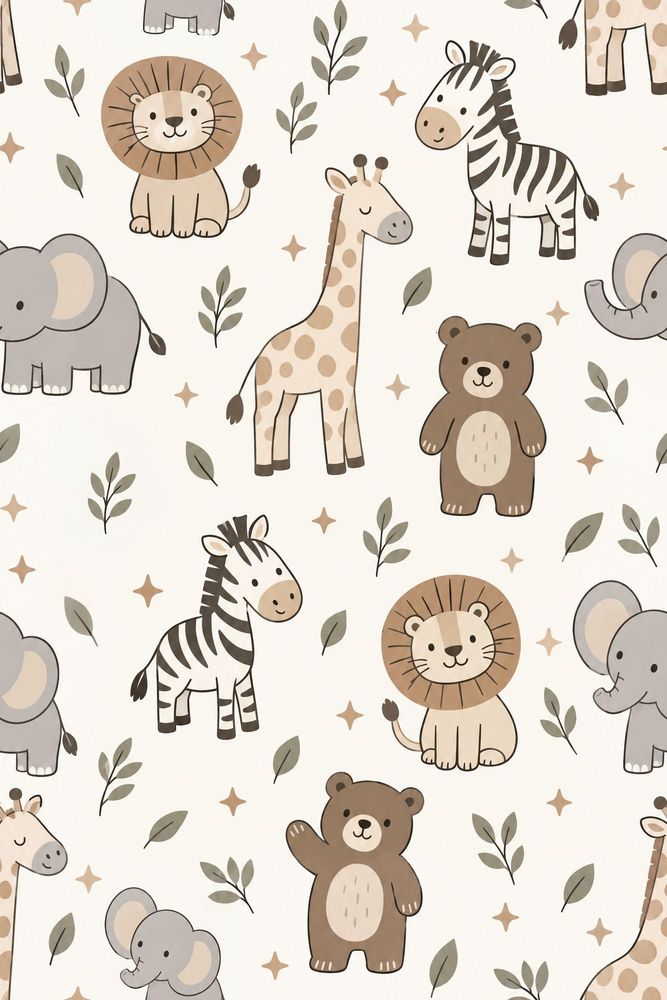 Safari Animals Wallpaper Leaf Pattern In Cream Beige And Sage Green pattern artwork