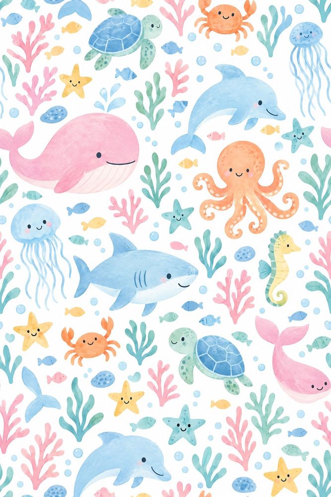 Ocean Animals Wallpaper Pastel Watercolor Pattern pattern artwork