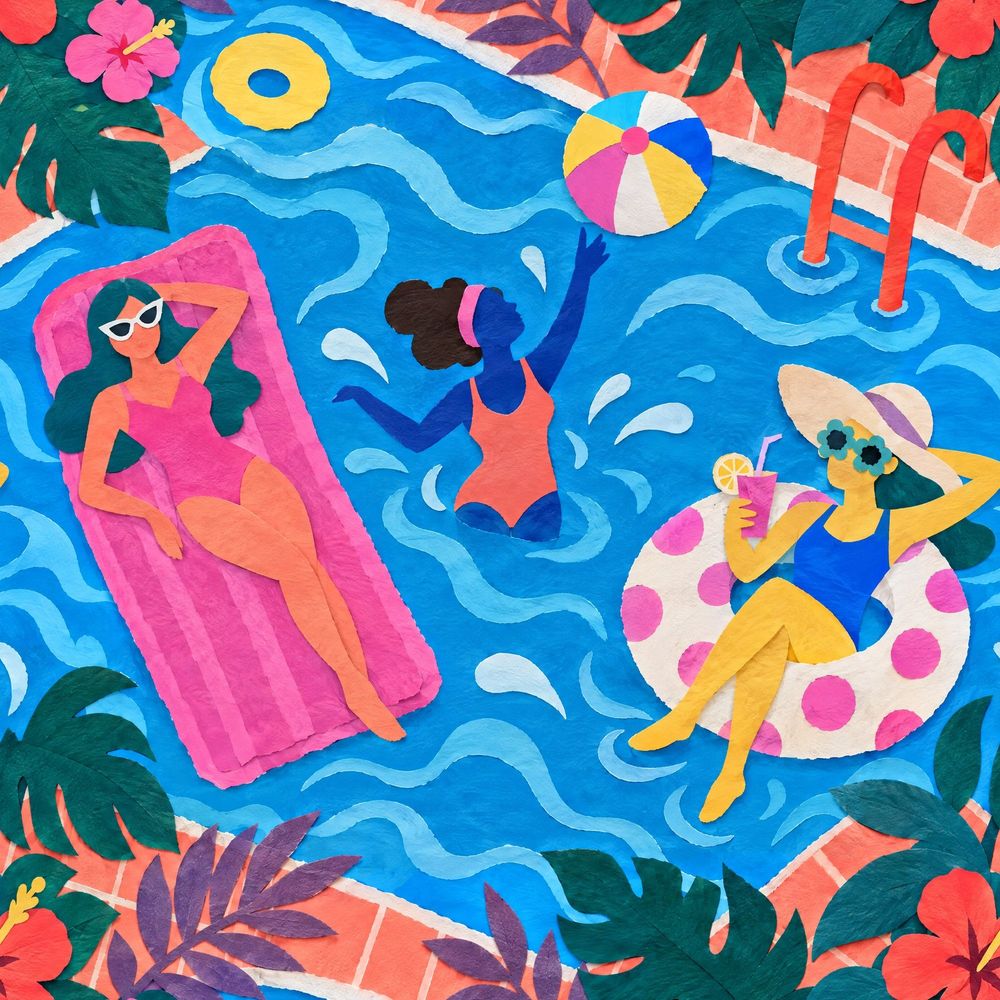 Swimming Pool Party Wallpaper Tropical Collage Pattern pattern artwork