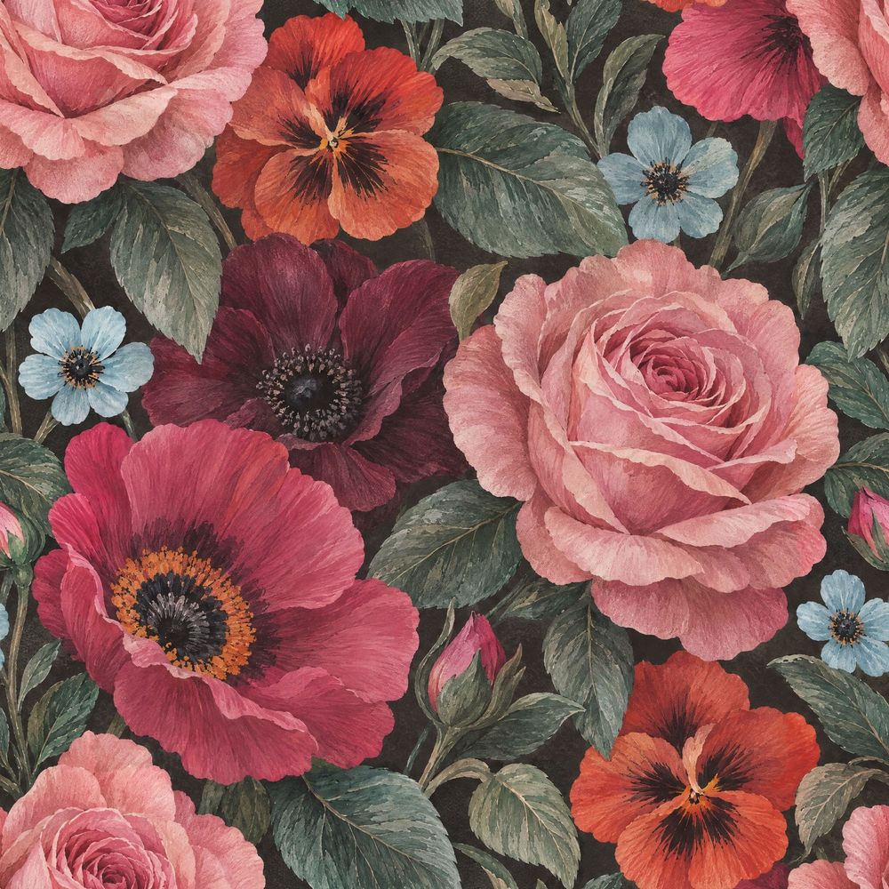 Rose And Poppy Wallpaper Dark Floral Muted Green pattern artwork
