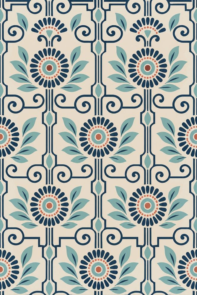 Mediterranean Floral Wallpaper Navy Scrollwork On Cream pattern artwork