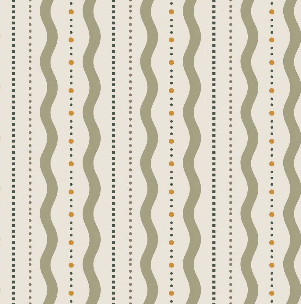 Wavy Stripe Columns Wallpaper Mid Century Modern Cream Sage Green pattern artwork