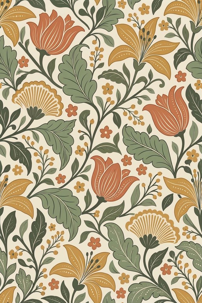 Large Floral Wallpaper Vintage Folk Art On Cream Background pattern artwork