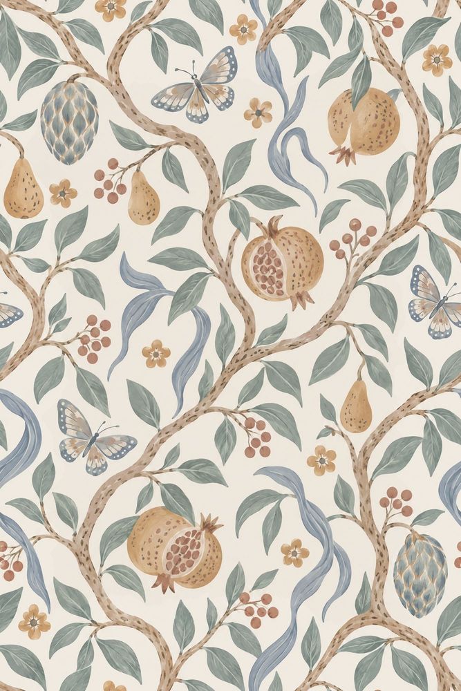 Pomegranate Botanical Wallpaper Watercolor Vine On Ivory Background pattern artwork
