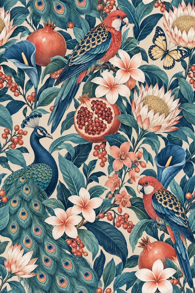 Peacock And Parrot Wallpaper Vintage Tropical Botanical Pattern pattern artwork