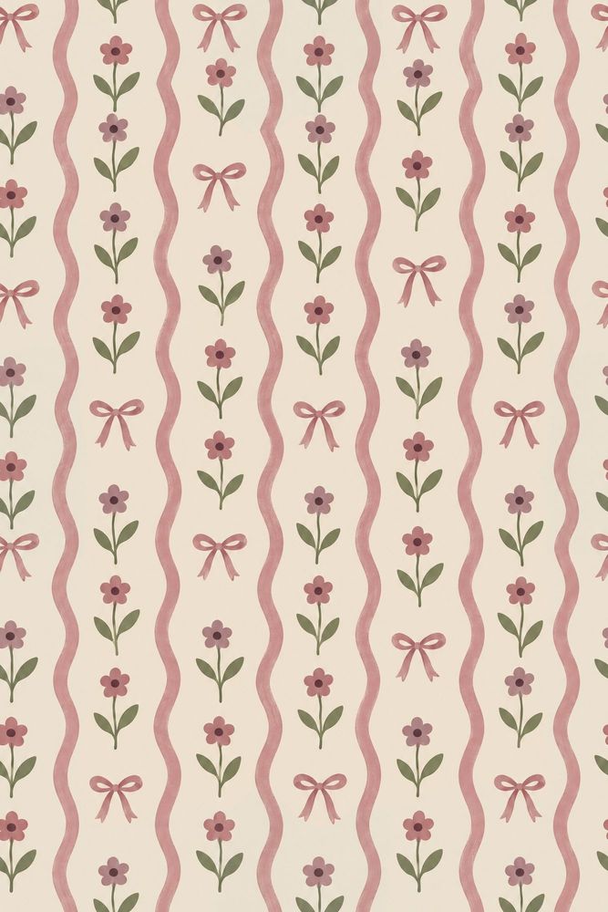 Pink Bow Floral Wallpaper Wavy Striped Cream Background pattern artwork