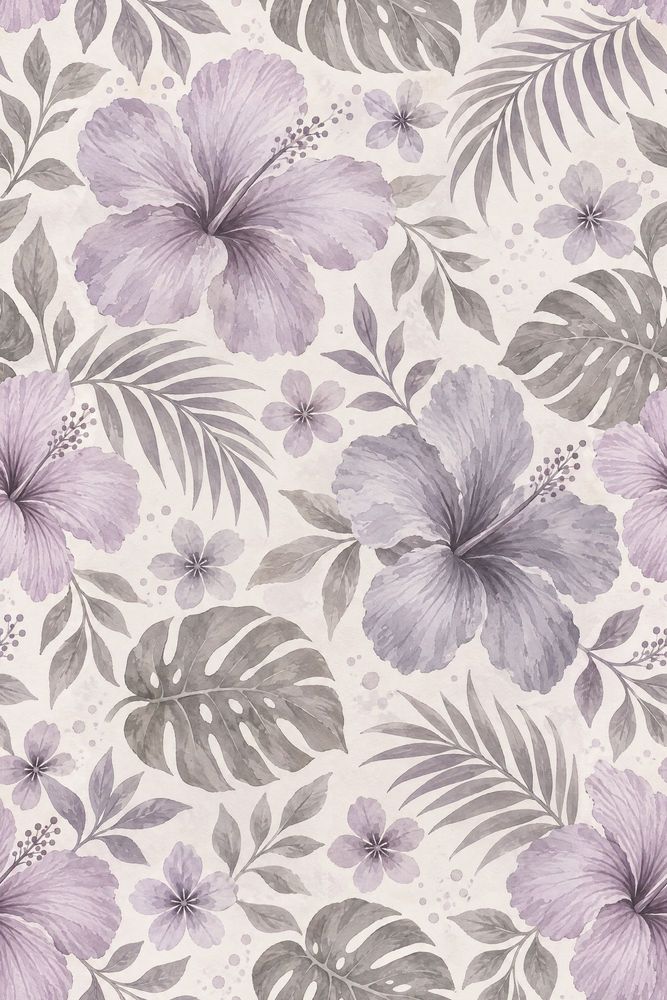 Hibiscus Wallpaper Lavender Tropical Watercolor Botanical Pattern pattern artwork