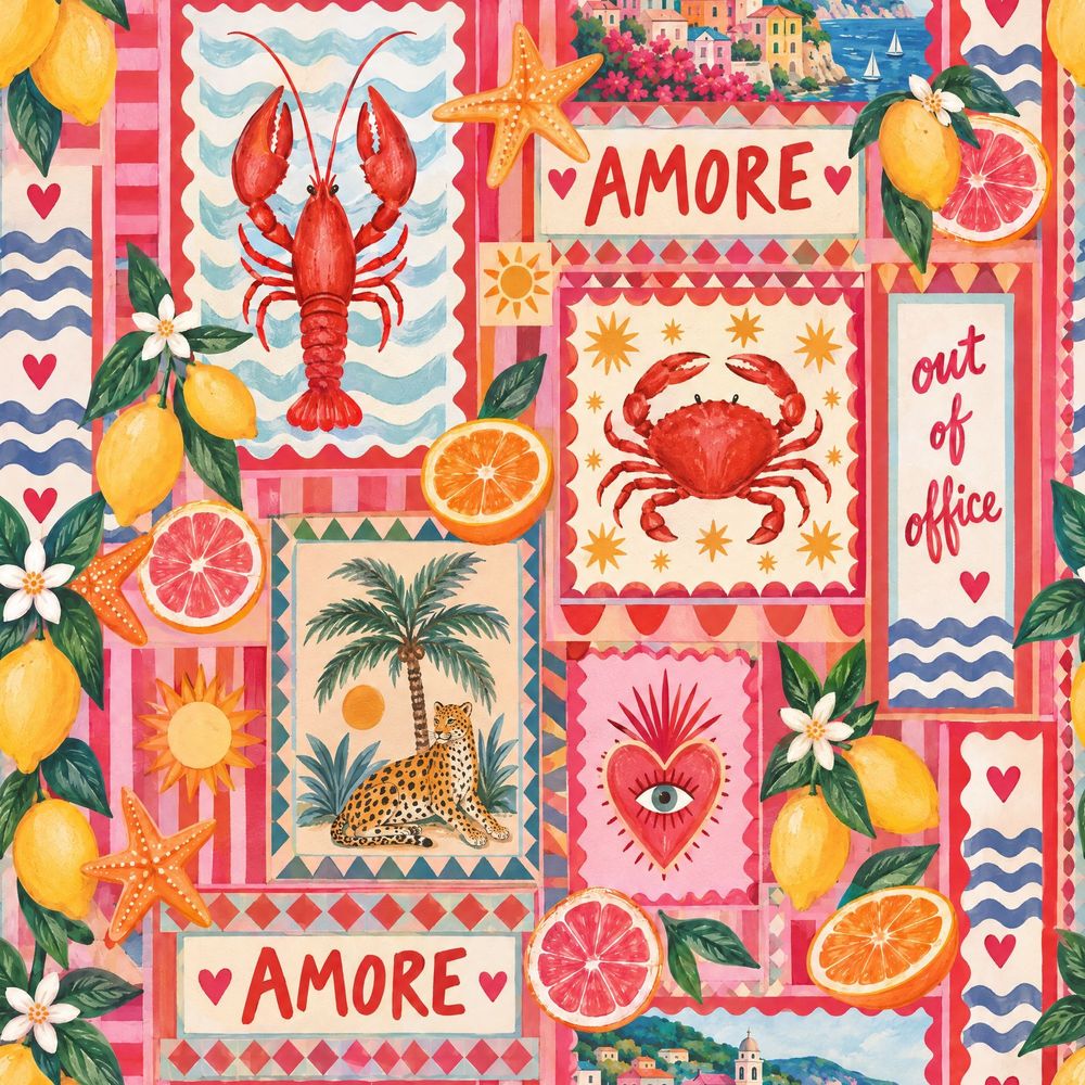 Mediterranean Lemons And Seafood Wallpaper Bright Patchwork Collage pattern artwork