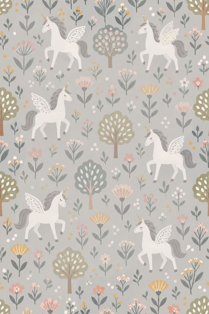 Unicorn Pegasus Wallpaper Light Gray Floral Botanical Pattern pattern artwork