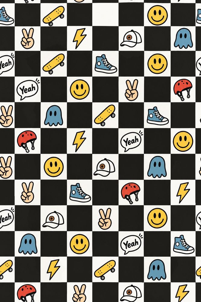 Skateboard Doodle Wallpaper Checkered Black And White Pattern pattern artwork