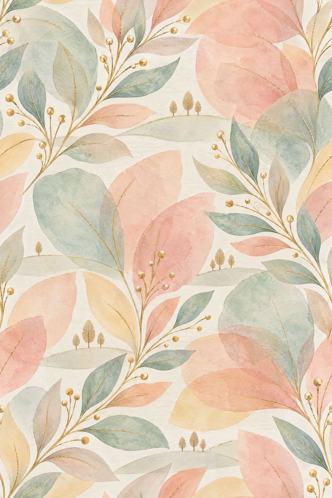 Watercolor Leaves Wallpaper Pastel Pink Sage Botanical pattern artwork