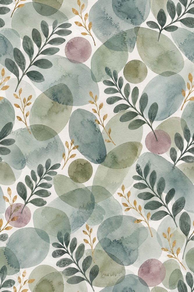 Watercolor Botanical Wallpaper Sage Green Leaves And Gold Branches pattern artwork