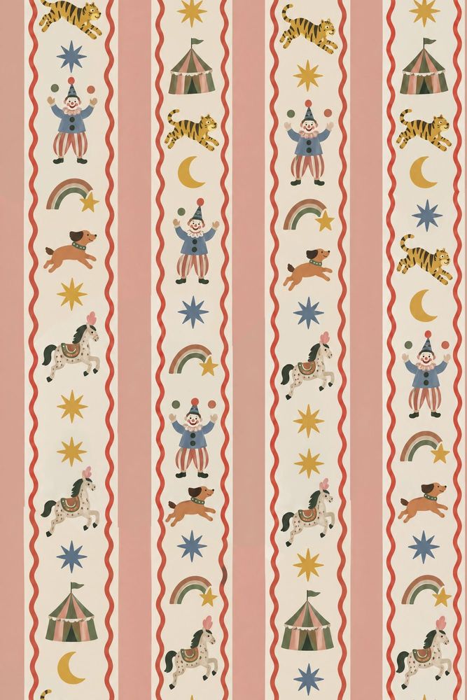 Circus Animals Wallpaper Pink Striped Vintage Pattern pattern artwork