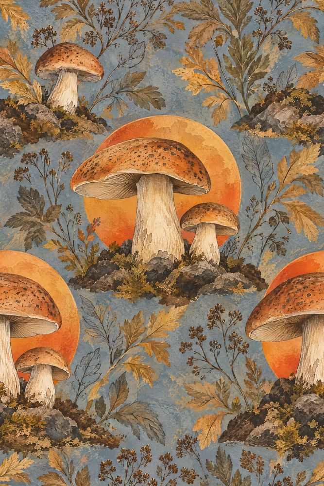 Mushroom Wallpaper Vintage Botanical Blue Background pattern artwork