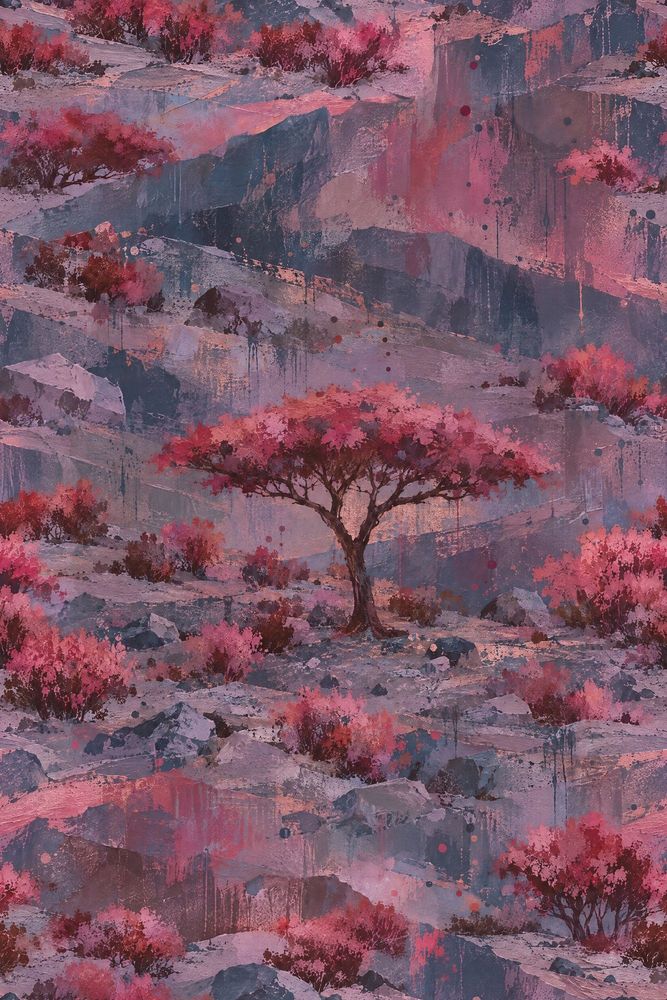 Pink Blossom Tree Wallpaper Dark Mountain Landscape pattern artwork
