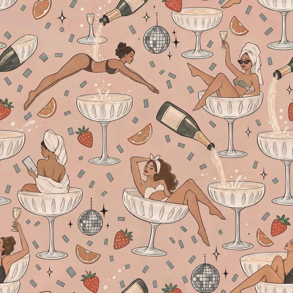 Champagne Party Women Wallpaper Pink Confetti Disco Ball Pattern pattern artwork