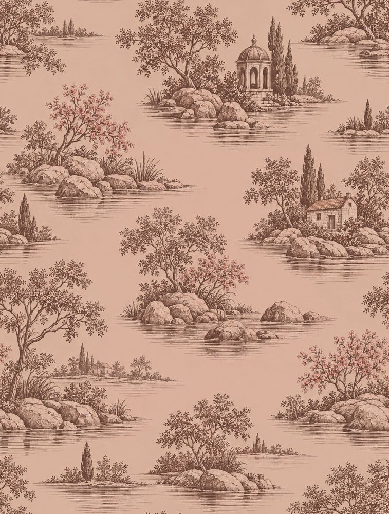 Pastoral Lake Scene Wallpaper Pink Sepia Toile pattern artwork