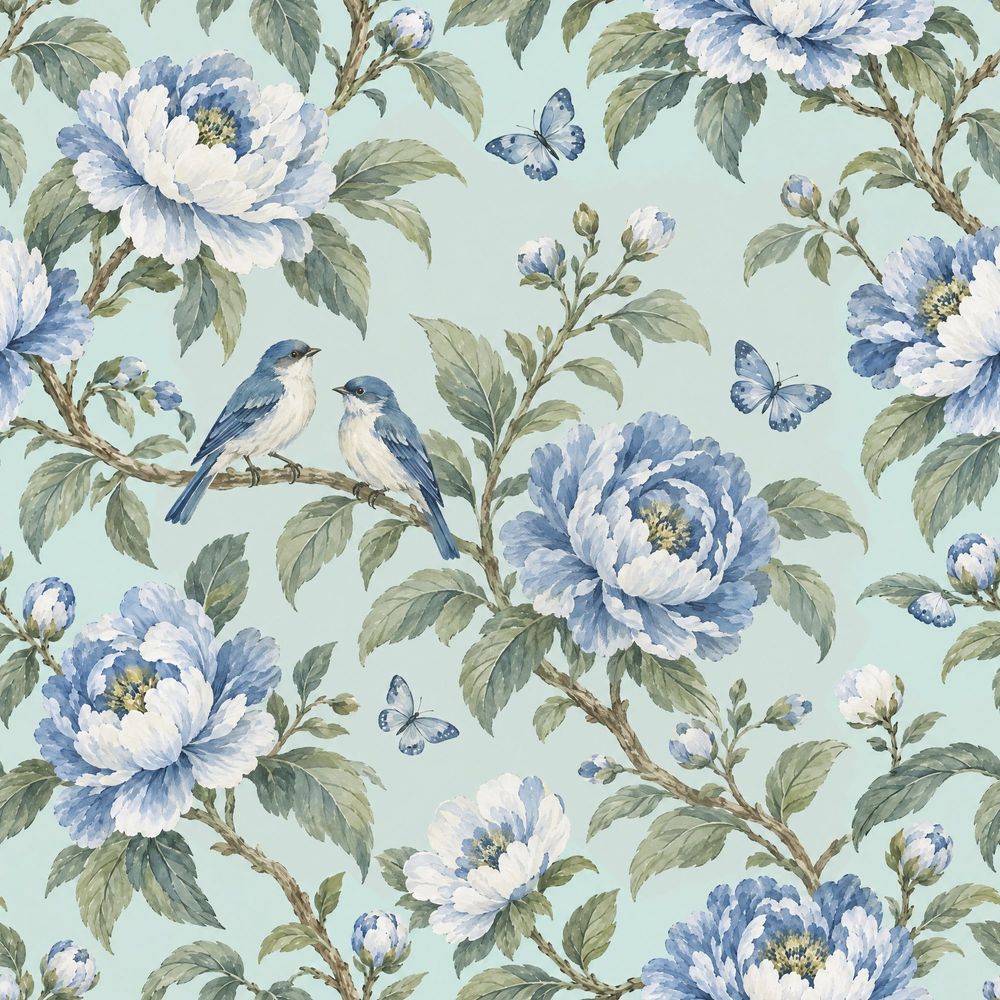 Blue Flowers And Birds Wallpaper Watercolor Chinoiserie Botanical pattern artwork