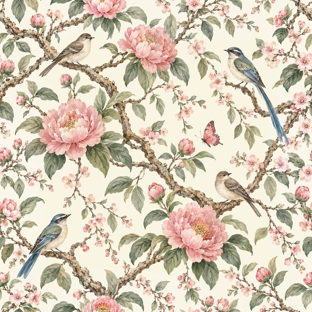 Peonies And Birds Wallpaper Chinoiserie Cream Background pattern artwork