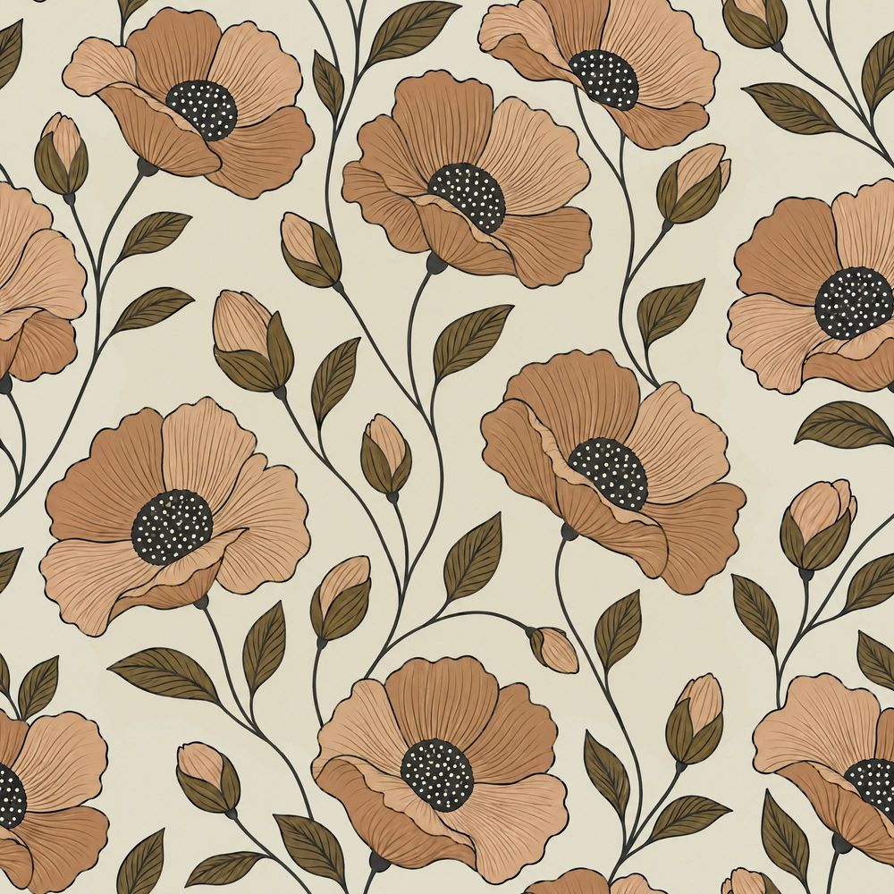 Poppy Flowers Wallpaper Beige Background Olive Leaves pattern artwork