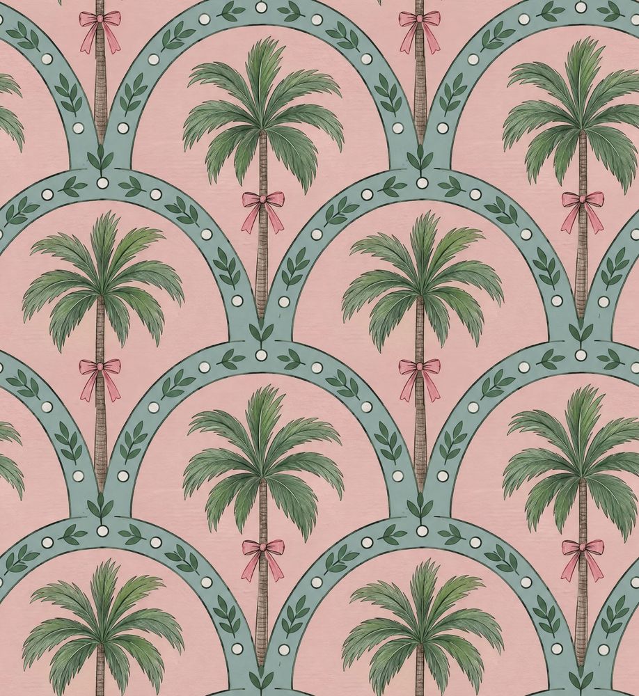 Palm Trees Wallpaper Pink Background Green Trellis pattern artwork