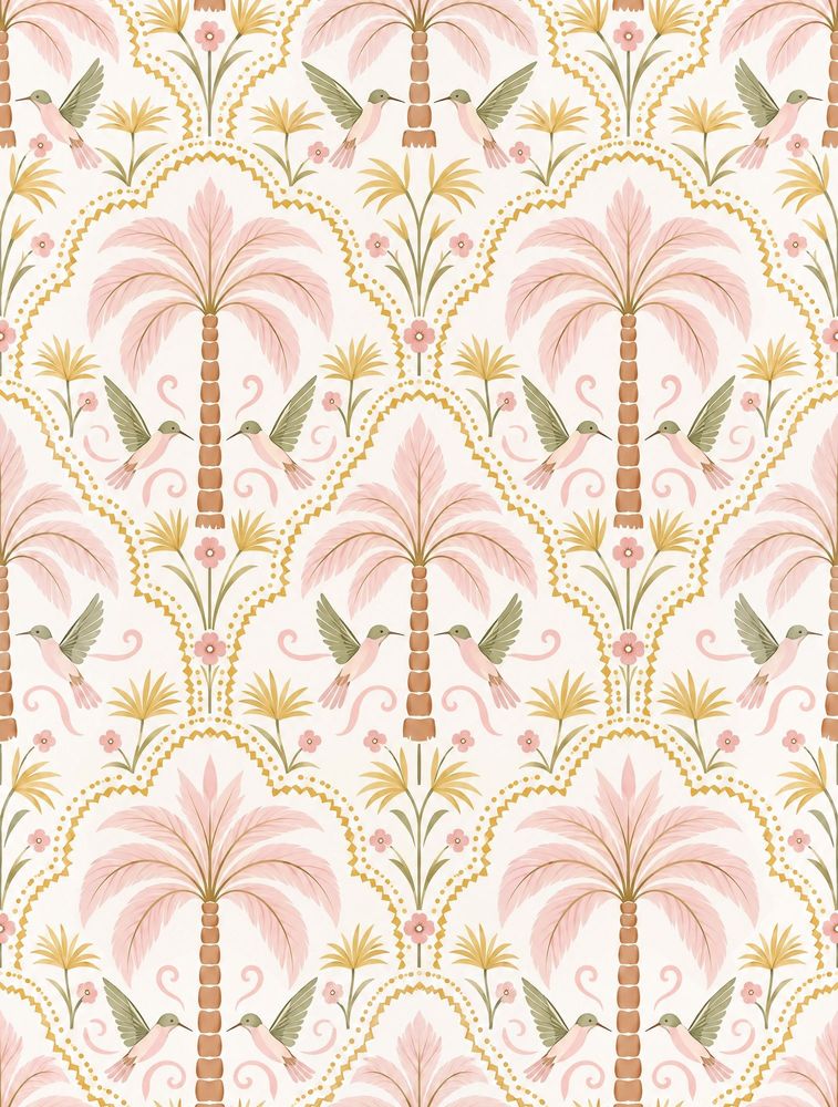 Palm Trees And Hummingbirds Wallpaper Gold Trellis Pink On Ivory pattern artwork