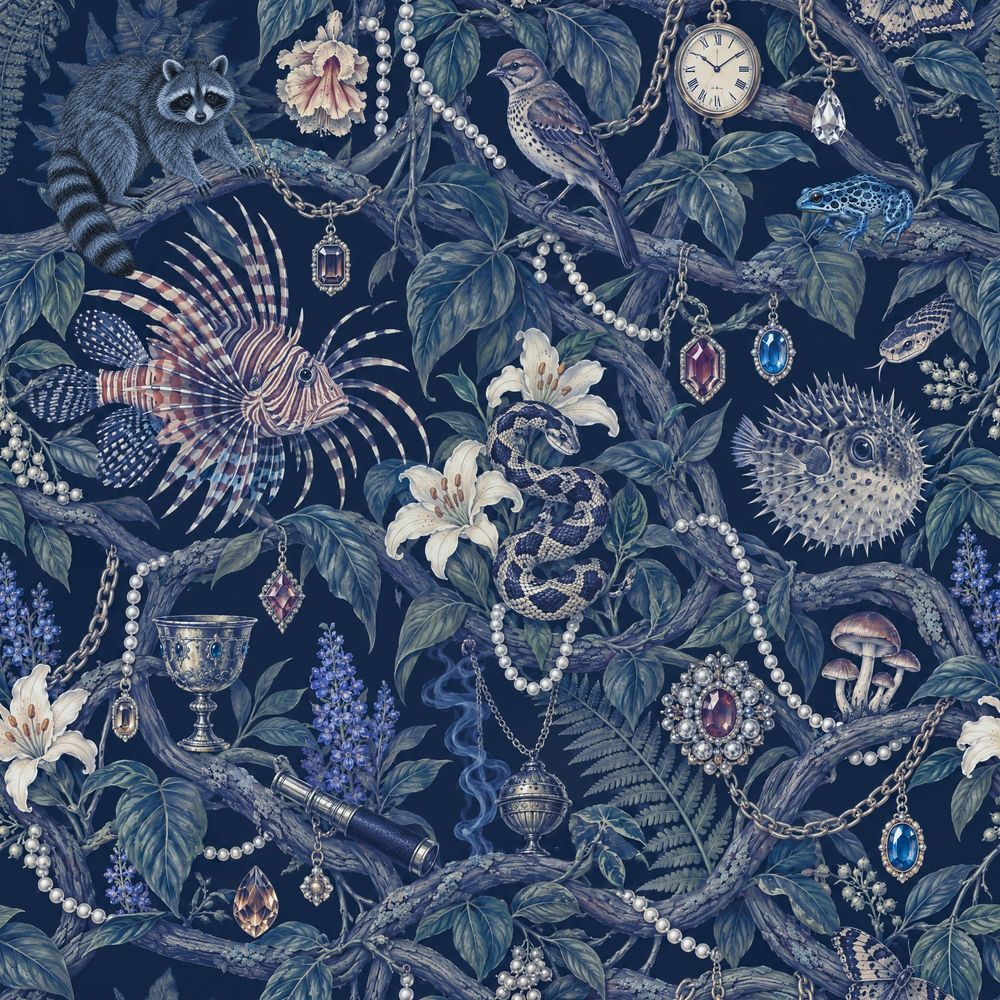 Raccoon Snake And Jewel Botanical Wallpaper Dark Navy Maximalist pattern artwork