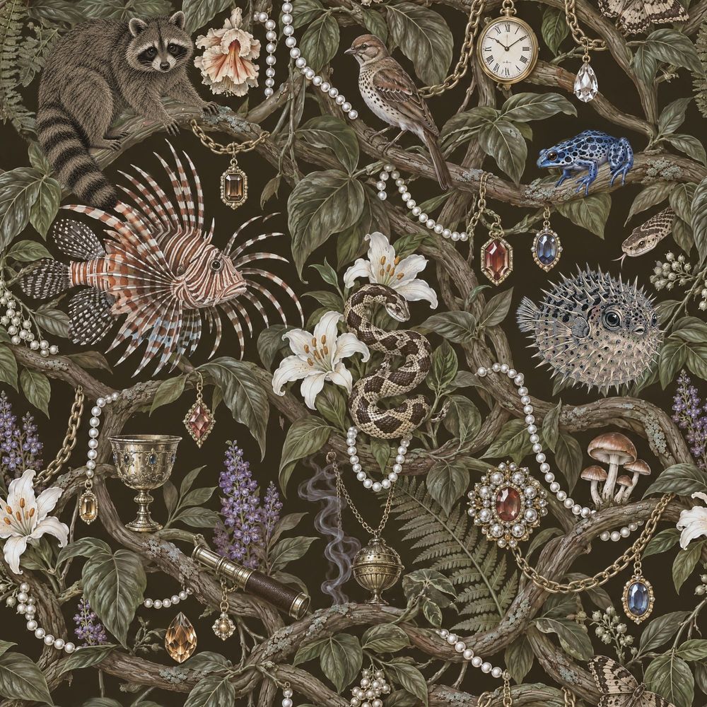 Raccoon Reef Fish And Jewel Botanicals Wallpaper Maximalist Dark Green pattern artwork
