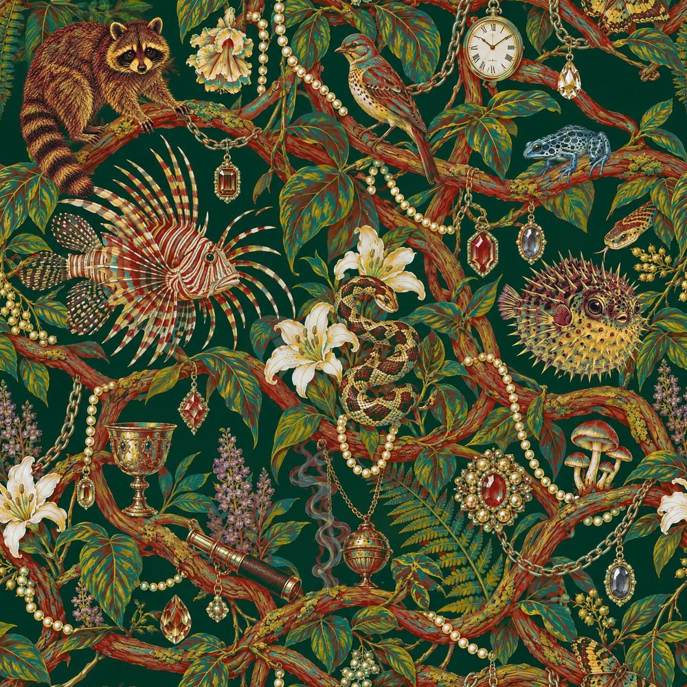 Raccoon Bird Frog And Tropical Fish Wallpaper Maximalist Emerald Green pattern artwork