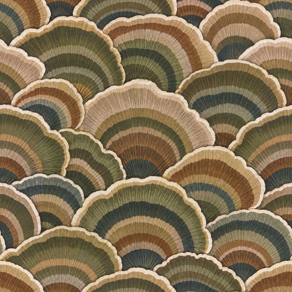 Layered Fan Motif Wallpaper Scallop Arcs Olive Green pattern artwork
