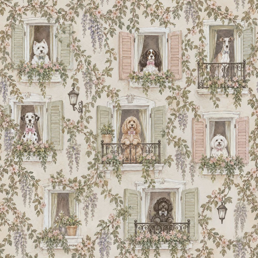 Dogs In European Windows Wallpaper Pastel Shutters And Floral Vines pattern artwork