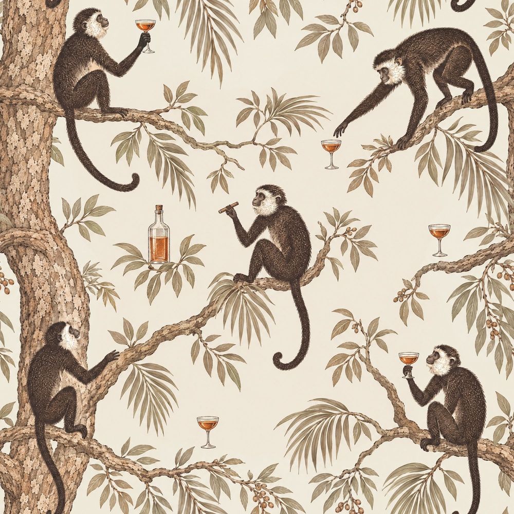 Monkeys Wallpaper Vintage Tropical Toile Cream pattern artwork