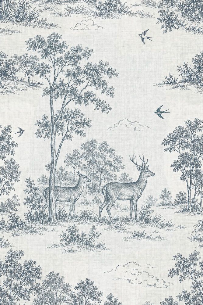 Deer And Birds Wallpaper Vintage Toile Ivory Blue pattern artwork