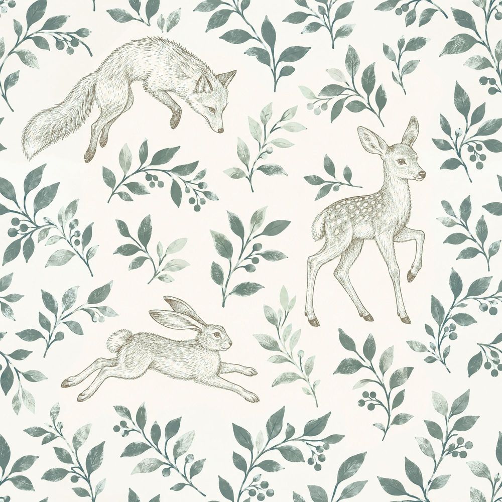 Fox Deer And Hare Wallpaper Vintage Botanical Cream pattern artwork