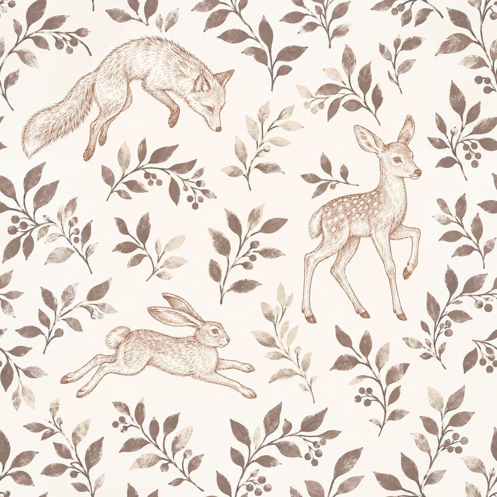 Fox Deer And Hare Wallpaper Vintage Toile Botanical Neutral pattern artwork